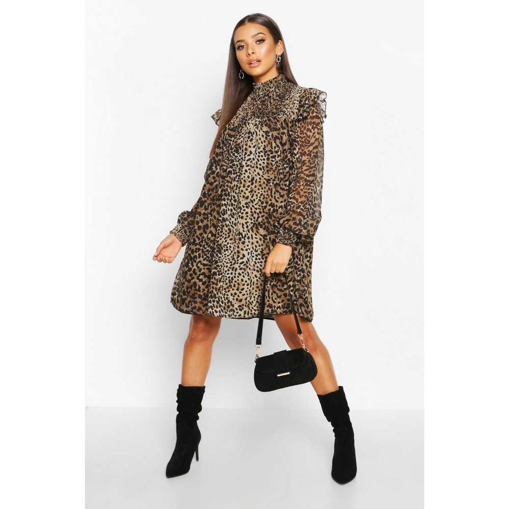 Zara Mock Neck Leopard Print Long Sleeve Dress